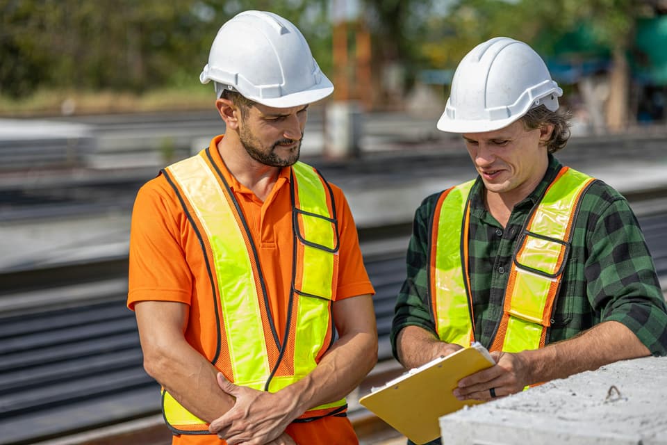A construction worker going through paperwork on a clipboard